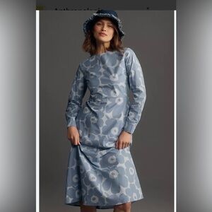 Marimekko Katse Unikko  Blue Floral Long Sleeve Dress Anthropologie